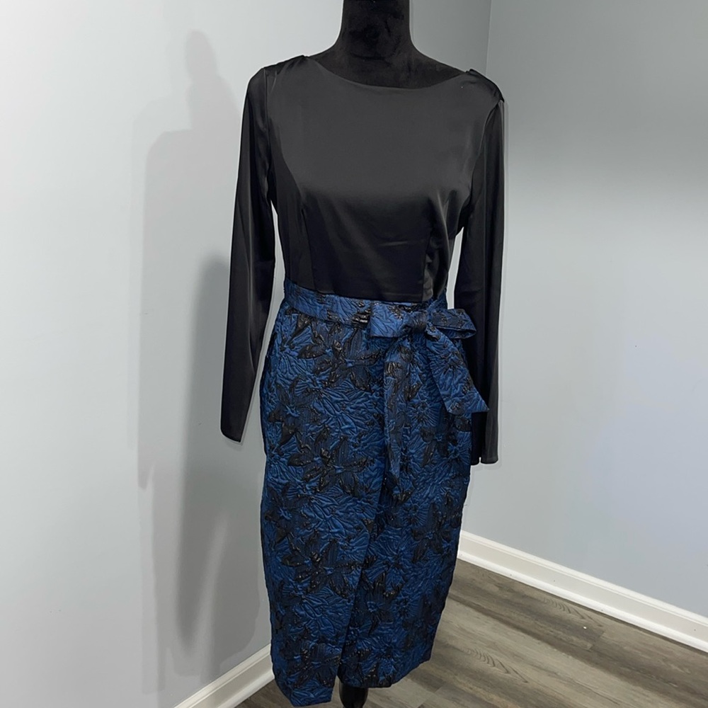 Closet London women’s size 8 cocktail dress satin top jacquard skirt black blue